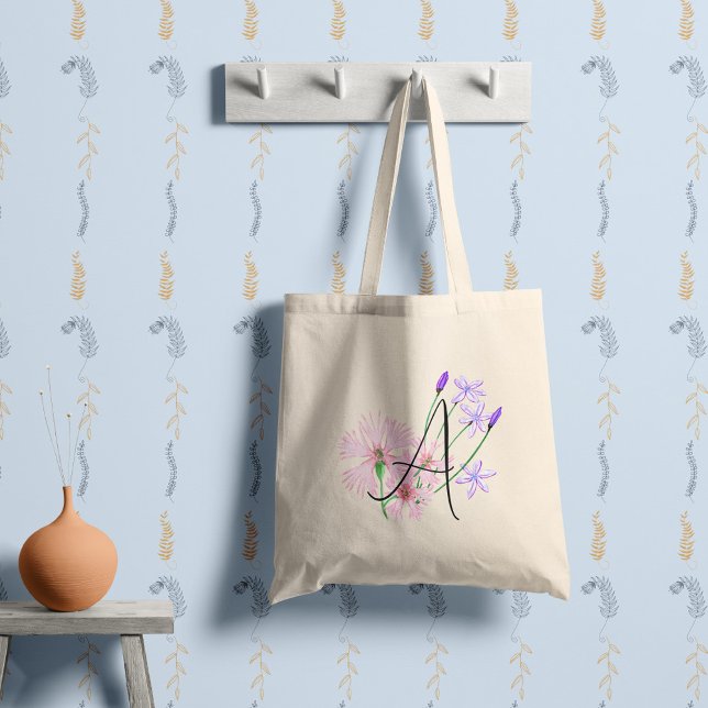 Soft pink and lilac wildflowers with your initial. tote bag (Creator Uploaded)