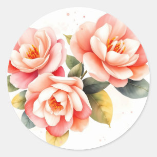 Soft Pink and Peach Camellias on Ivory  Classic Round Sticker