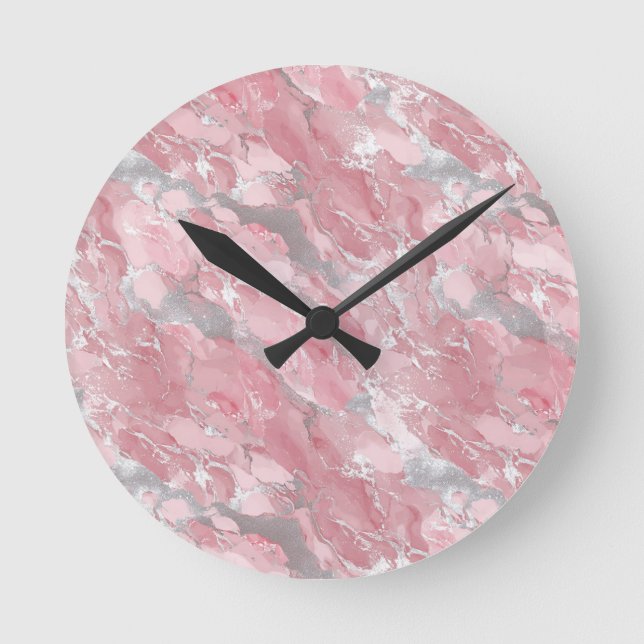 Soft Pink and Silver Marble-Like Pattern Round Clock (Front)
