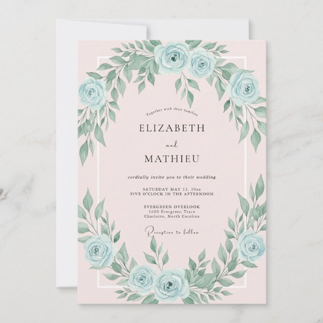 Soft Pink Azure Leafy Wedding Invitation (Front)