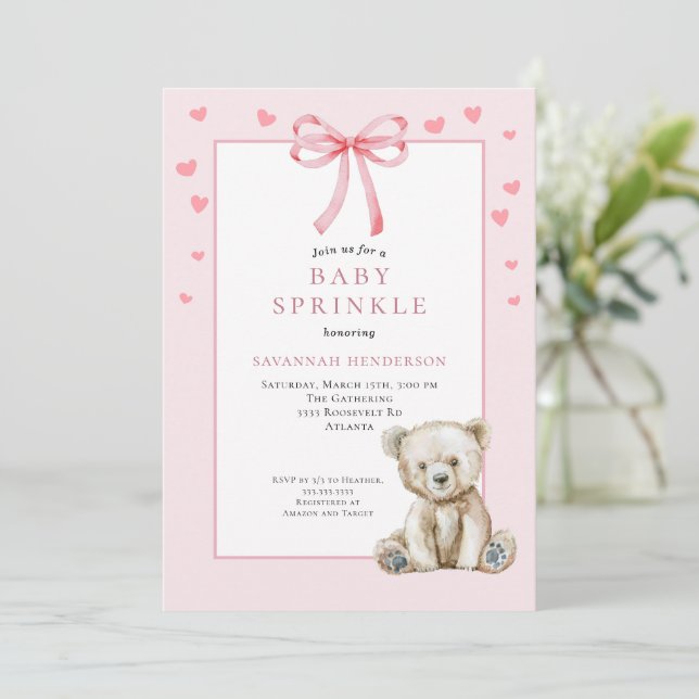 Soft Pink Baby Sprinkle with Bow Cute Teddy Bear Invitation (Standing Front)