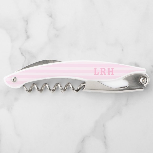 Soft Pink Beach Stripe Tiny Initials Monogram Corkscrew (Back)