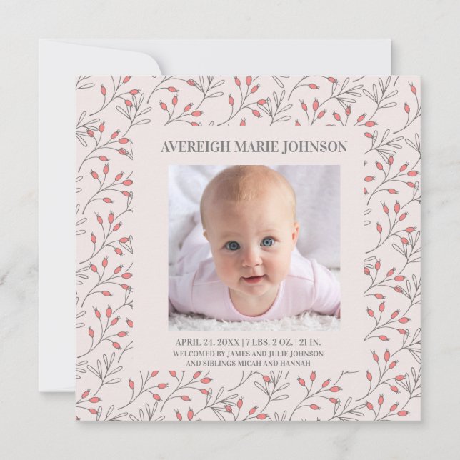 Soft Pink Berries Baby Girl Birth Announcement (Front)