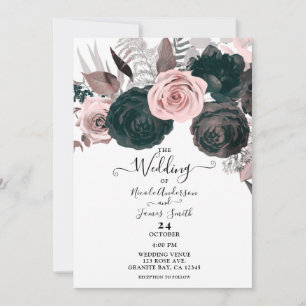 Soft Pink & Black Floral Greenery White Wedding Invitation