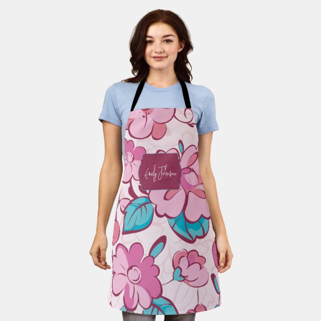Soft Pink Bloom Floral Pattern Custom Name Apron (Worn)