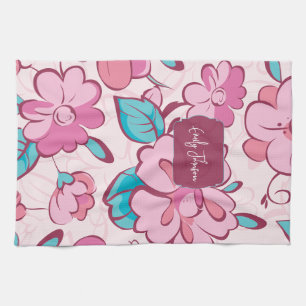 Soft Pink Bloom Floral Pattern Custom Name Tea Towel