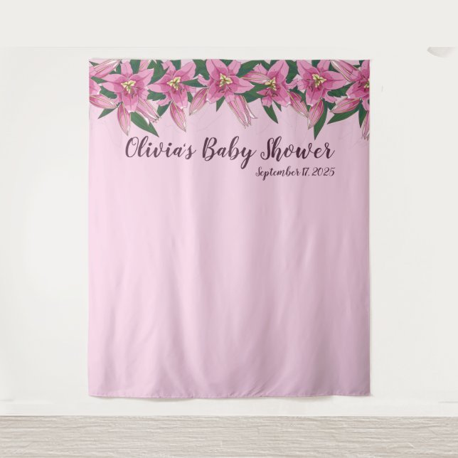 Soft Pink Blooming Lilies Top Line Backdrop Tapestry (Front)