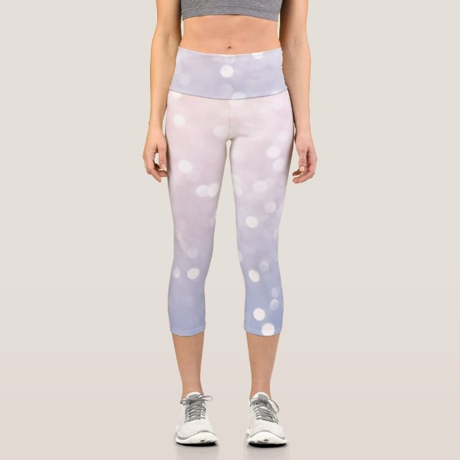 Soft Pink Blue Pastel sparkly bokeh Abstract Capri Leggings (Front)