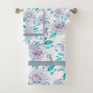 Soft pink & blue vintage roses pattern bath towel set