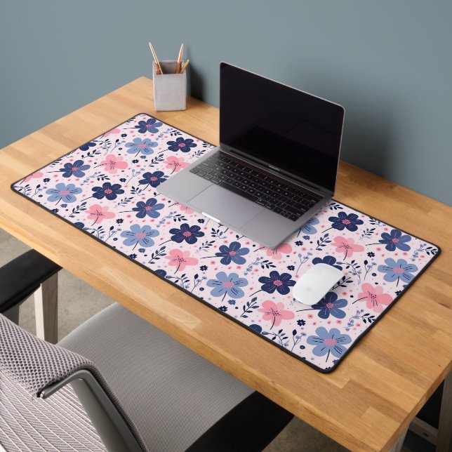 Soft Pink Blue Wildflower Meadow Aesthetic Desk Mat (Office 2)
