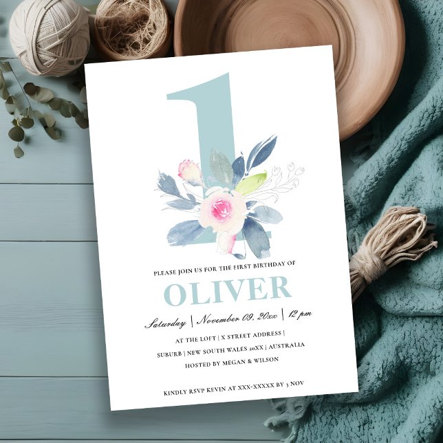 SOFT PINK BLUSH BLUE FLORAL 1st ANY AGE BIRTHDAY Invitation (Creator Uploaded)