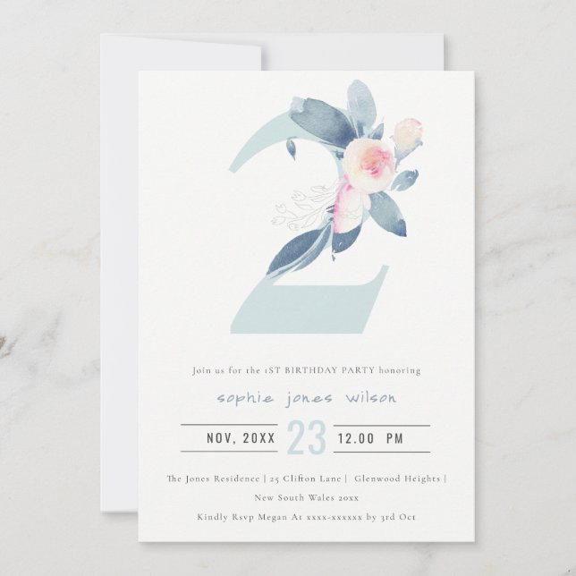 SOFT PINK BLUSH BLUE FLORAL 2nd ANY AGE BIRTHDAY Invitation (Front)