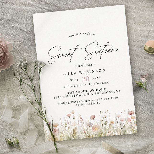 Soft Pink Blush Delicate Floral Sweet 16 Birthday Invitation (Creator Uploaded)