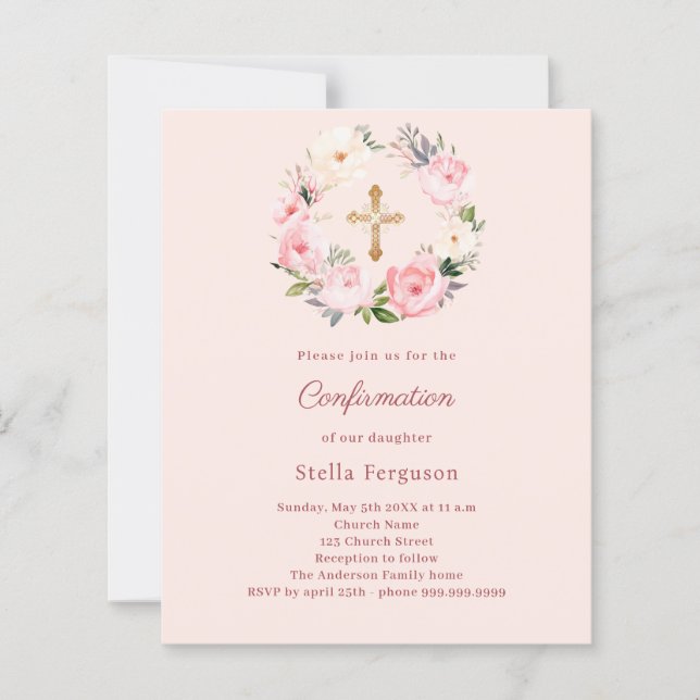 Soft pink blush florals Confirmation invitation (Front)