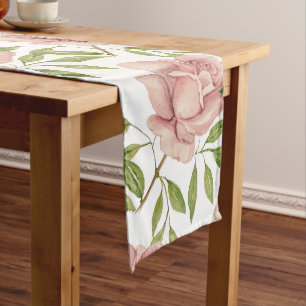 Soft Pink Blush Watercolor Roses Long Table Runner