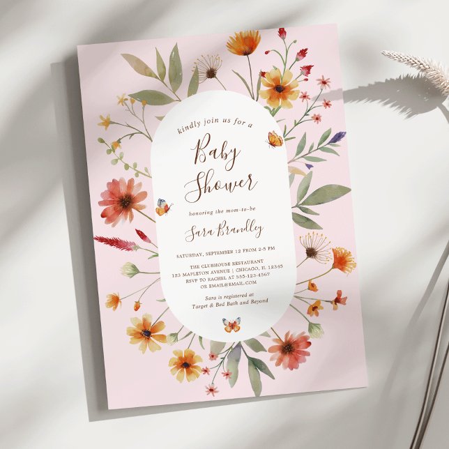 Soft Pink Boho Watercolor Wildflowers Baby Shower Invitation (Soft Pink Boho Watercolor Wildflowers Butterfly Baby Shower Invitation)