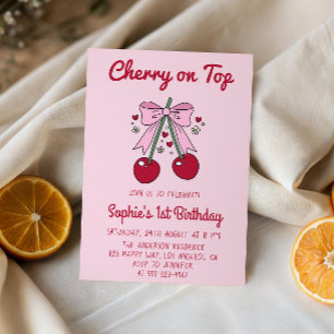 Soft Pink Bow Cherry on Top 1st Birthday Invitation