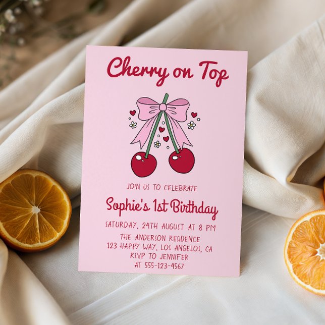 Soft Pink Bow Cherry on Top 1st Birthday Invitation (Creator Uploaded)