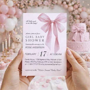 Soft Pink Bow Girl Baby Shower Invitation