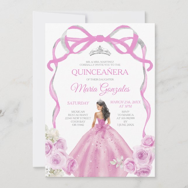 Soft Pink Bow Princess Silver Crown Quinceañera Invitation (Front)