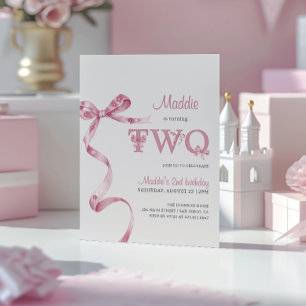 Soft Pink Bow Second Birthday Girl  Invitation