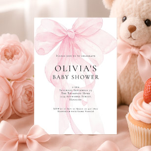 Soft Pink Bow Text Overlay Baby Shower Invitation