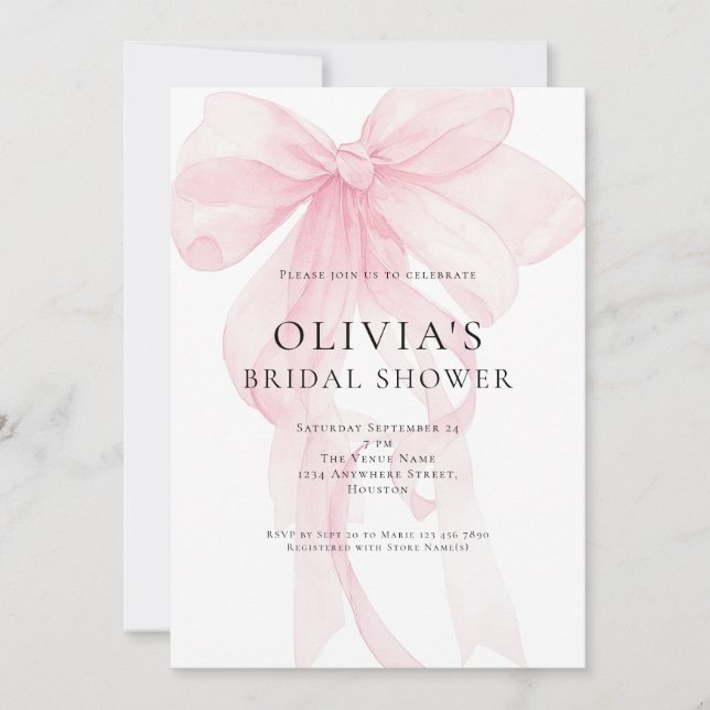 Soft Pink Bow Text Overlay Bridal Shower Invitation (Front)