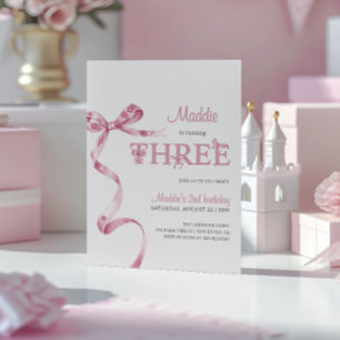 Soft Pink Bow Third Birthday Girl Invitation