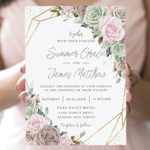 Soft Pink Brown Sage Green Floral Gold Wedding Invitation
