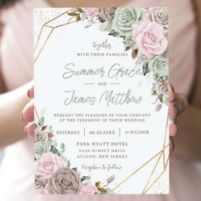Soft Pink Brown Sage Green Floral Gold Wedding Invitation (Creator Uploaded)