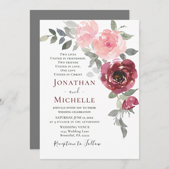 Soft Pink Burgundy Floral Christian Wedding Invitation (Front/Back)