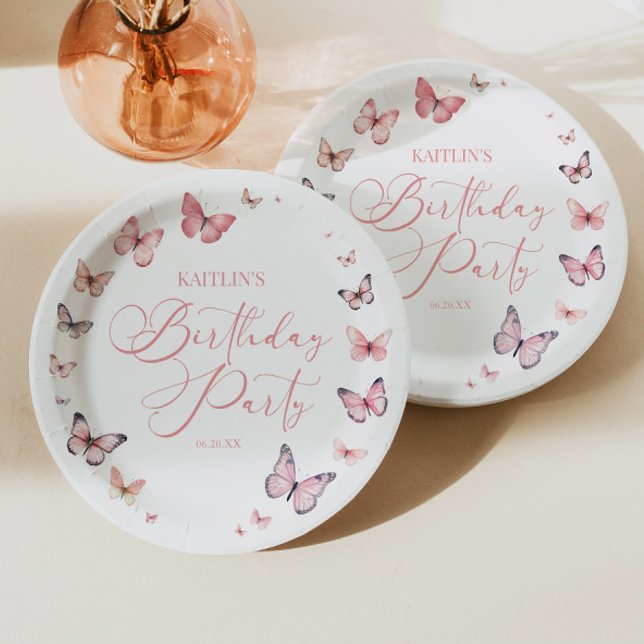 Soft Pink Butterfly Birthday Party Paper Plate (Creator Uploaded)