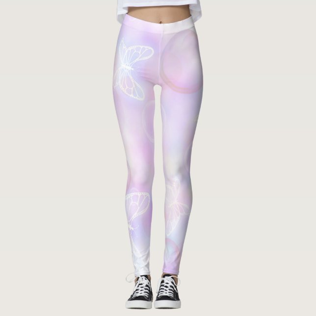 Soft Pink Butterfly Glow Pattern Leggings (Front)