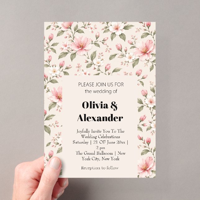 Soft Pink Cherry Blossom Floral Seamless Pattern Acrylic Invitations (Insitu (Handheld))