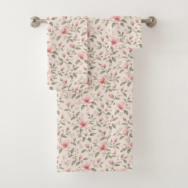 Soft Pink Cherry Blossom Floral Seamless Pattern Bath Towel Set (Insitu)