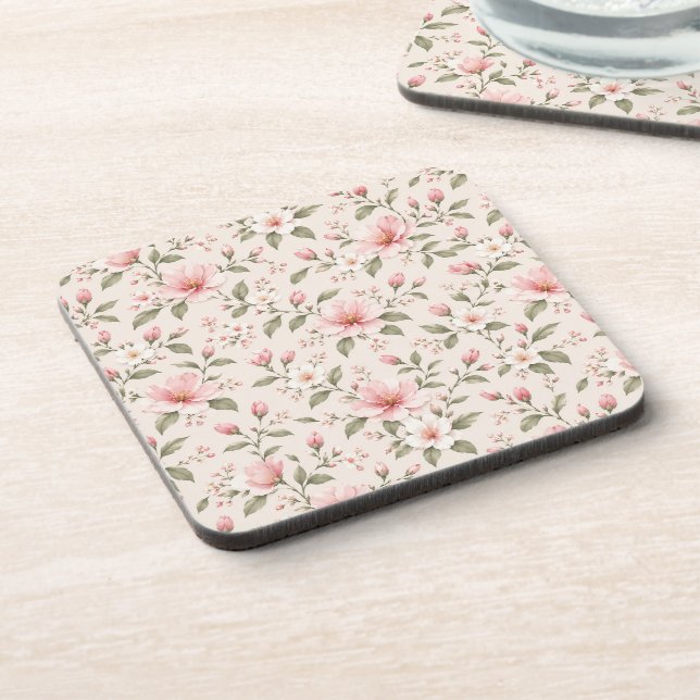 Soft Pink Cherry Blossom Floral Seamless Pattern Coaster (Left Side)