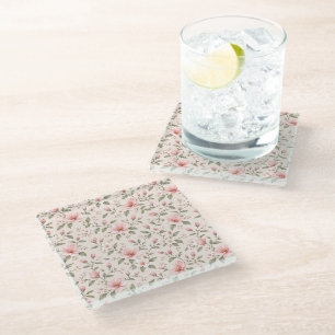 Soft Pink Cherry Blossom Floral Seamless Pattern Glass Coaster