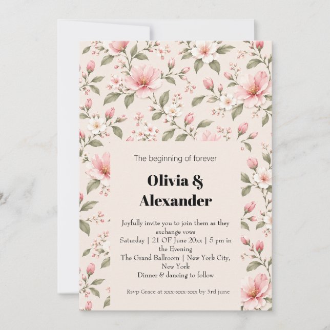Soft Pink Cherry Blossom Floral Seamless Pattern Invitation (Front)