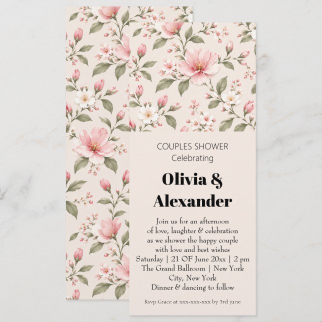 Soft Pink Cherry Blossom Floral Seamless Pattern Invitation (Front/Back)