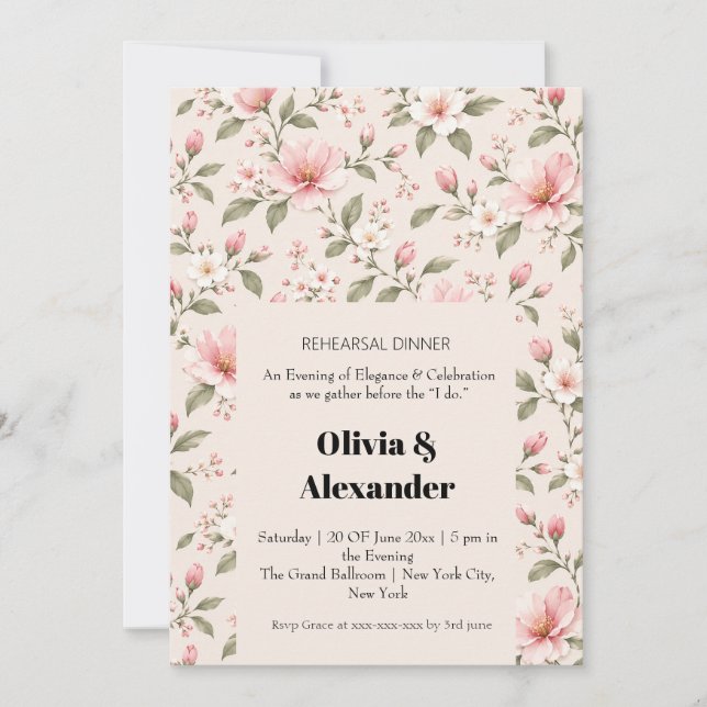 Soft Pink Cherry Blossom Floral Seamless Pattern Invitation (Front)
