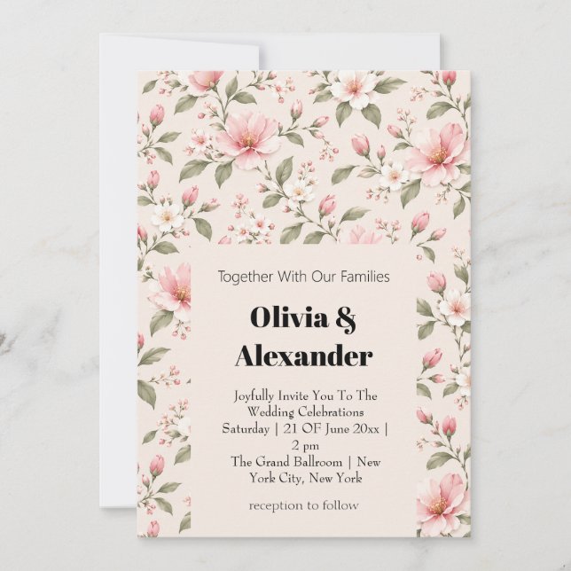 Soft Pink Cherry Blossom Floral Seamless Pattern Invitation (Front)