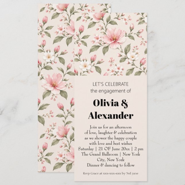 Soft Pink Cherry Blossom Floral Seamless Pattern Invitation (Front/Back)