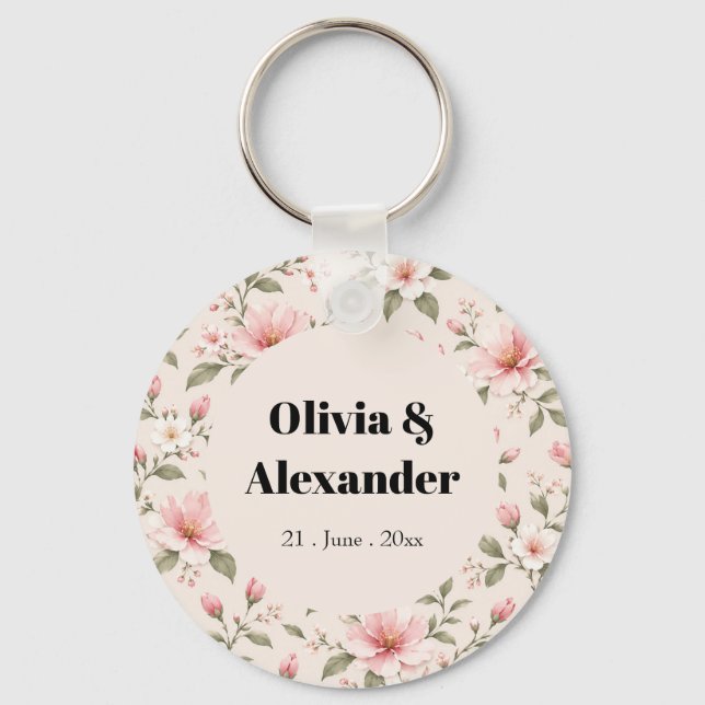 Soft Pink Cherry Blossom Floral Seamless Pattern Key Ring (Front)