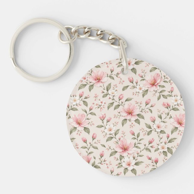Soft Pink Cherry Blossom Floral Seamless Pattern Key Ring (Front)