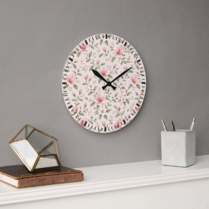 Soft Pink Cherry Blossom Floral Seamless Pattern Large Clock