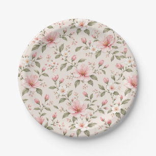 Soft Pink Cherry Blossom Floral Seamless Pattern Paper Plate