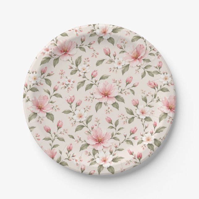 Soft Pink Cherry Blossom Floral Seamless Pattern Paper Plate (Front)