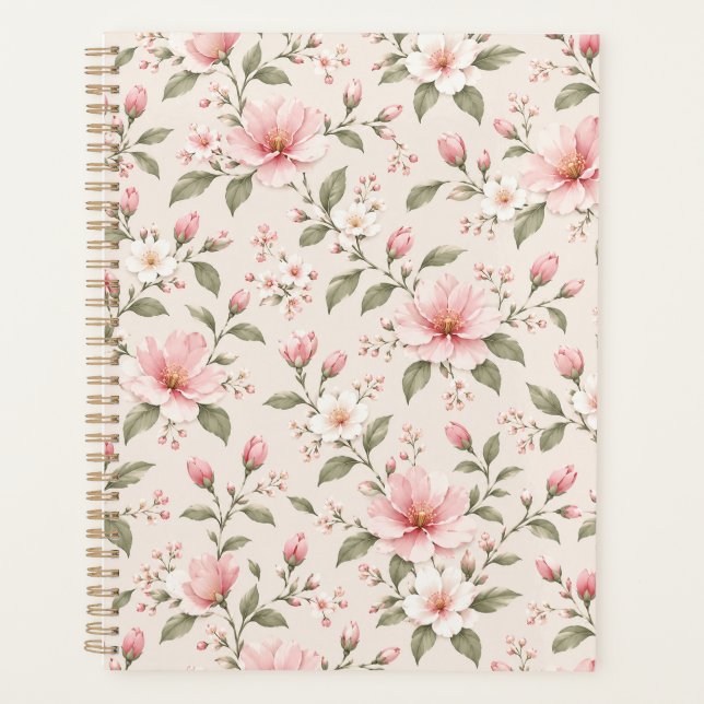 Soft Pink Cherry Blossom Floral Seamless Pattern Planner (Front)