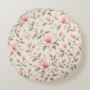 Soft Pink Cherry Blossom Floral Seamless Pattern Round Cushion