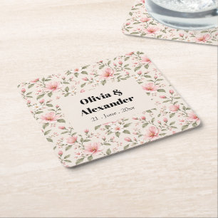 Soft Pink Cherry Blossom Floral Seamless Pattern Square Paper Coaster